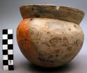 Jar, ceramic, rounded base & body, flaring rim, chipped, mottled, cracked