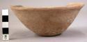 Ceramic bowl, plain red ware, flat base, flared sides, 3 small sherds, chipped