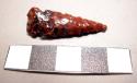 Chipped stone projectile point, side notched, black & red mottled obsidian
