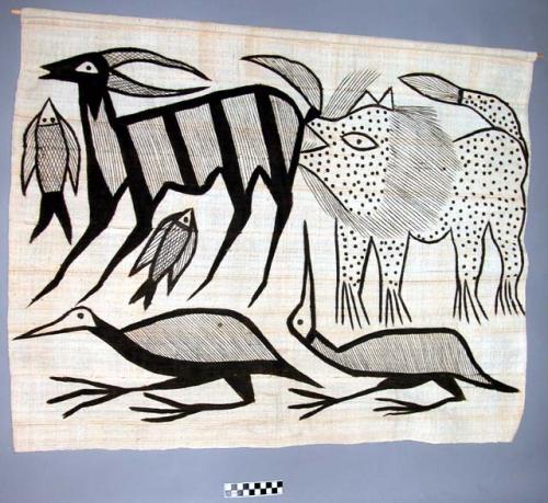 Textile with painted animal scene