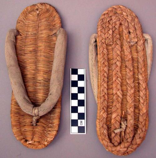 Sandals, woven and braided fiber soles, rolled and stuffed cotton thong