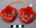 Pair of Heart-Shaped Embroidered Red Silk Purses
