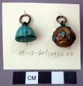 Two Metal Buttons:  Green-Enameled Flower Bud; Enameled/Gilt with Bat Motifs
