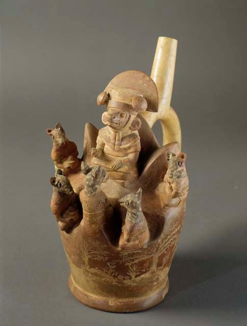 Stirrup-spout bottle with anthropomorphic creatures