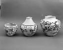 Polychrome-on-white vase, four stylized parrot motifs; polychrome-on-white jar, geometric and parrot motifs; polychrome-on-white vase, geometric and parrot motifs