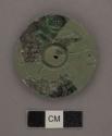 3 fragments of carved jade button or disc with hieroglyphs on reverse (5 circle
