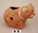 Ceramic vessel, animal effigy cat-like, molded head, engraved legs and tail