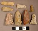 Chipped stone, broken bifaces, triangular projectile points, lanceolate projectile points, prismatic blade