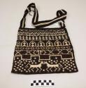 Bag, men's bag, brown and white, strap attached at two corners, one side decorated with horses, geometric forms, and crosses, other side has horses and geometrics