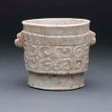 Marble vase - Cylinder vessel, ring base, animal head lugs, scroll design