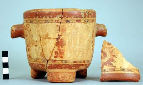 Yojoa polychrome pottery bowl, 3-footed (hollow) & 2 animal head lugs - Mayoid t