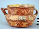 Yojoa polychrome pottery jar, dimpled base & 2 handles, 1 of which is vestigial