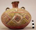 Pottery vessel with incised polychrome designs, and 2 handles