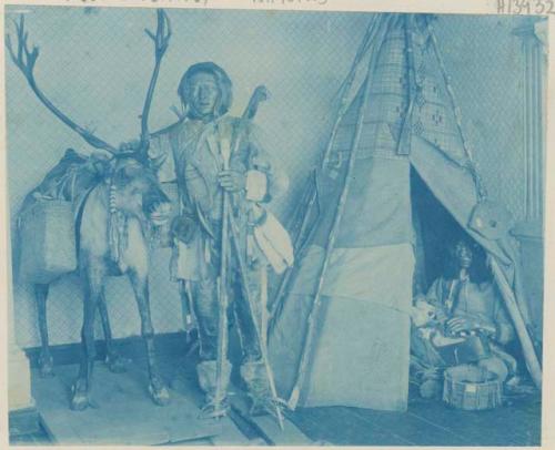 Model of Tungus family with tent and reindeer