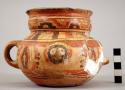 Yojoa polychrome pottery jar, dimpled base, 2 handles (1 broken) & 2 animal head