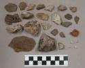 4 pieces bone (?); 144 pieces stone, possibly 2 artifacts; 36 pieces quartz, pos