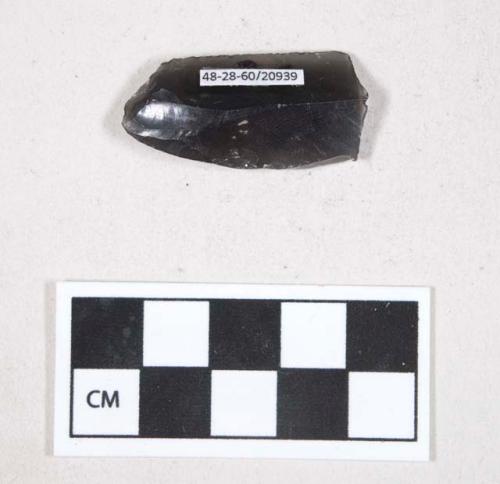 Chipped stone, obsidian blade, with possible retouching or use wear