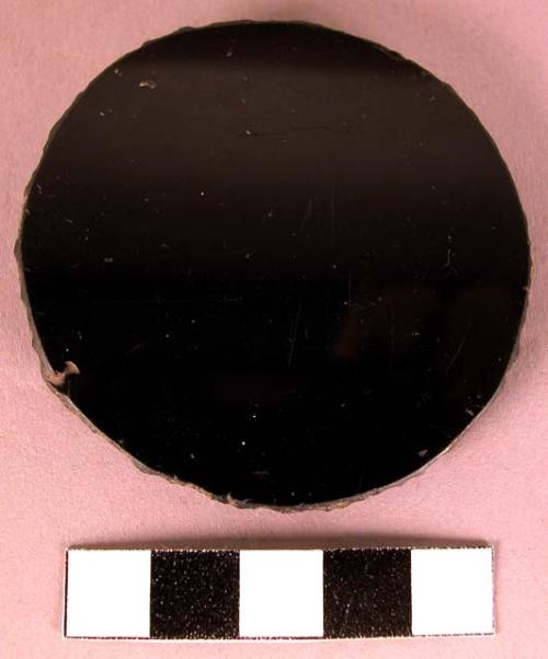 Ground stone ornament, mirror, obsidian, disk shaped, one side highly polished