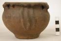 Chocolate brown pot - wide flaring rim scalloped in portions, 3 animal adornos
