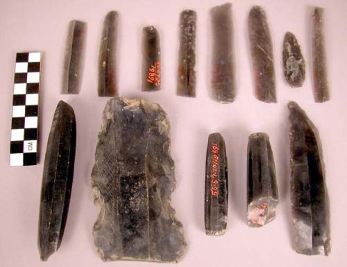 13 obsidian cores and flake blades