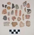 Chipped stone, scrapers, projectile points, prismatic blades, bifaces, flakes; quartz flake; mica fragments; stones; clay fragments; bone fragments; tooth fragments; charcoal fragments