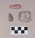 Chipped stone, projectile point, side-notched; ground stone, polished object, flat and tapered at one end, possible ornament fragment; ground stone, worked stone fragment with two perforations