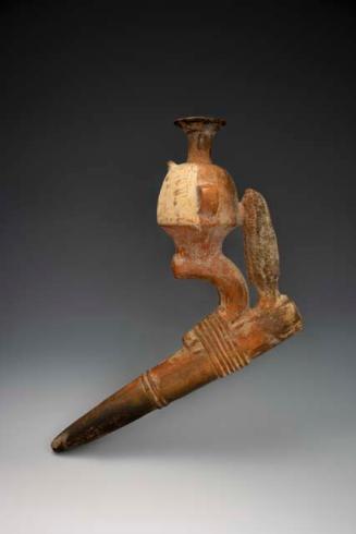 Ceramic drinking vessel (paccha) depicting footplow (chaqitaqlla), ear of corn, and corn beer mug (aryballos)