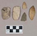 Chipped stone, scraper; chipping debris, possible core; projectile points, triangular and leaf-shaped; biface fragment