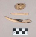Worked antler tip fragment, polished, partially burned; animal bone fragment; fish jaw bone with one tooth intact
