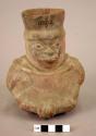 Ceramic vase, human effigy, molded face, engraved headdress, seated