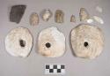 Organic, worked bivalve shells, perforated; bivalve shell fragments; gastropod shell; chipped stone, projectile points, triangular and ovate, one with cortex; ceramic, earthenware rim sherd, notched rim, undecorated body, shell-tempered