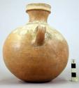 Red pottery jar with constricted mouth- 2 miniature handles and white designs