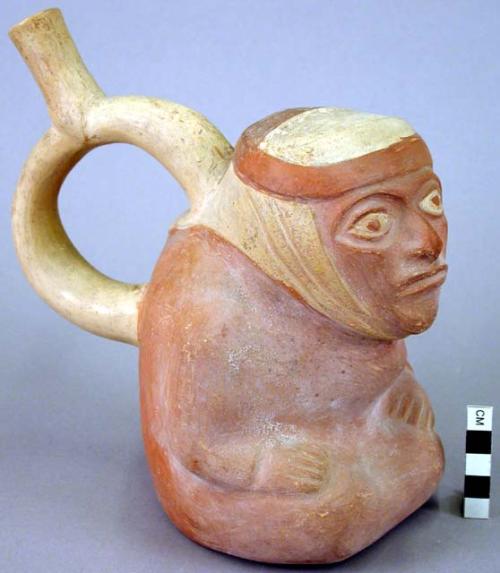 Ceramic bottle, stirrup spout, human effigy