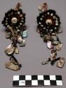 Pair of ear pendants - feathers, beads and shells on round basketry