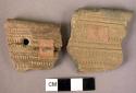 2 impressed ware sherds - pattern of two lines of triangles of alternating with