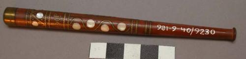 Brown wooden cigarette holder with brass and mother of pearl inlay +
