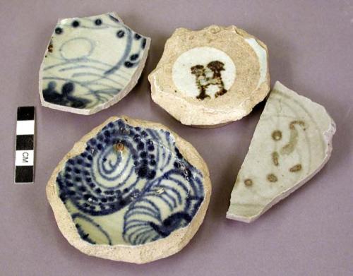 45 base potsherds - glazed porcelain; pattern in dark blue