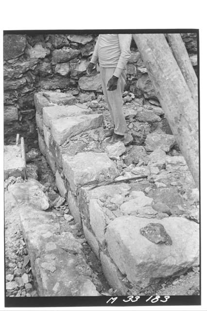 Construction of buttress at southwest corner of main stairs at Monjas