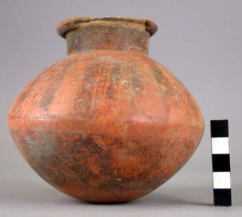 Pottery jar, small, red, black ornemtation on upper zone