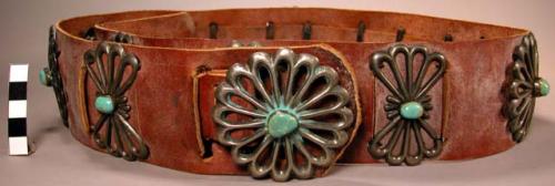 Leather belt with 7 tufa cast conchas & 7 "butterflies" each with a turquoise st