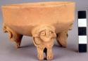 Pottery dish, tripod, plain, legs solid + carved, human form, legs w/ clay balls