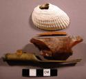 Sherds, 1 shell, neck of glass bottle, metal object & piece of bone