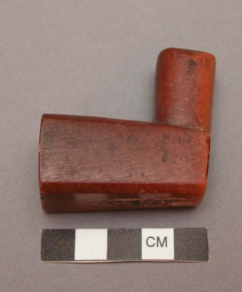 Catlinite elbow pipe bowl, probably Plains. Tubular shank, square & flaring bowl