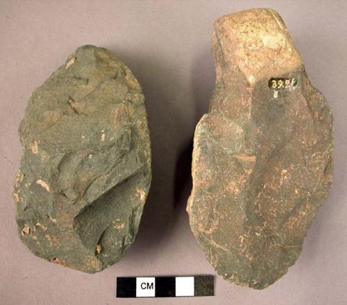 2 large chipped stone celts made from pebbles