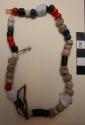 Necklace, multicolor discoidal, round & tubular glass beads on fiber & thread