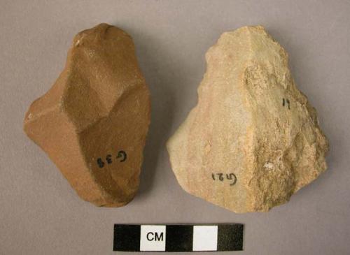 2 quartzite flakes showing use, possibly as scrapers