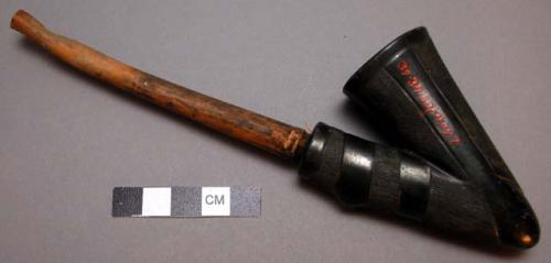 Pipe - black glaze pottery v-shaped bowl, incised; wooden stem ("nkono zi itabi"