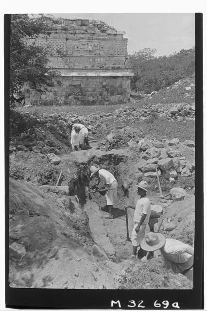 Terrace east of east wing at Monjas, photograph from north during excavation.