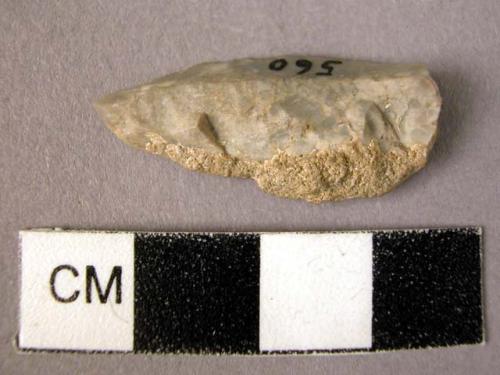 Unretouched chert blade; parallel flake scars on face; sharp straight edge