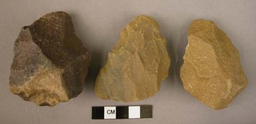 3 small quartzite unrolled hand axes